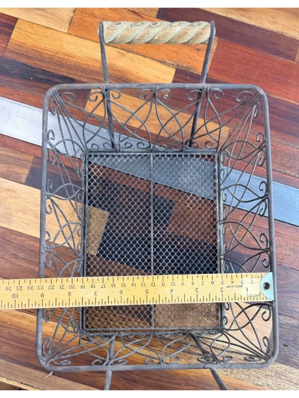Vintage Rustic Wire Scroll Storage Basket Primitives wood handles
